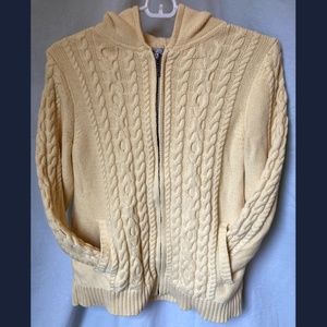 LL Bean Yellow Hooded Cable Knit Zip Cardigan Sweater